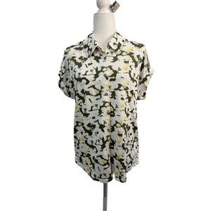 Bobeau Cap Sleeve Button Down Blouse Sage Yellow Collared Size Large